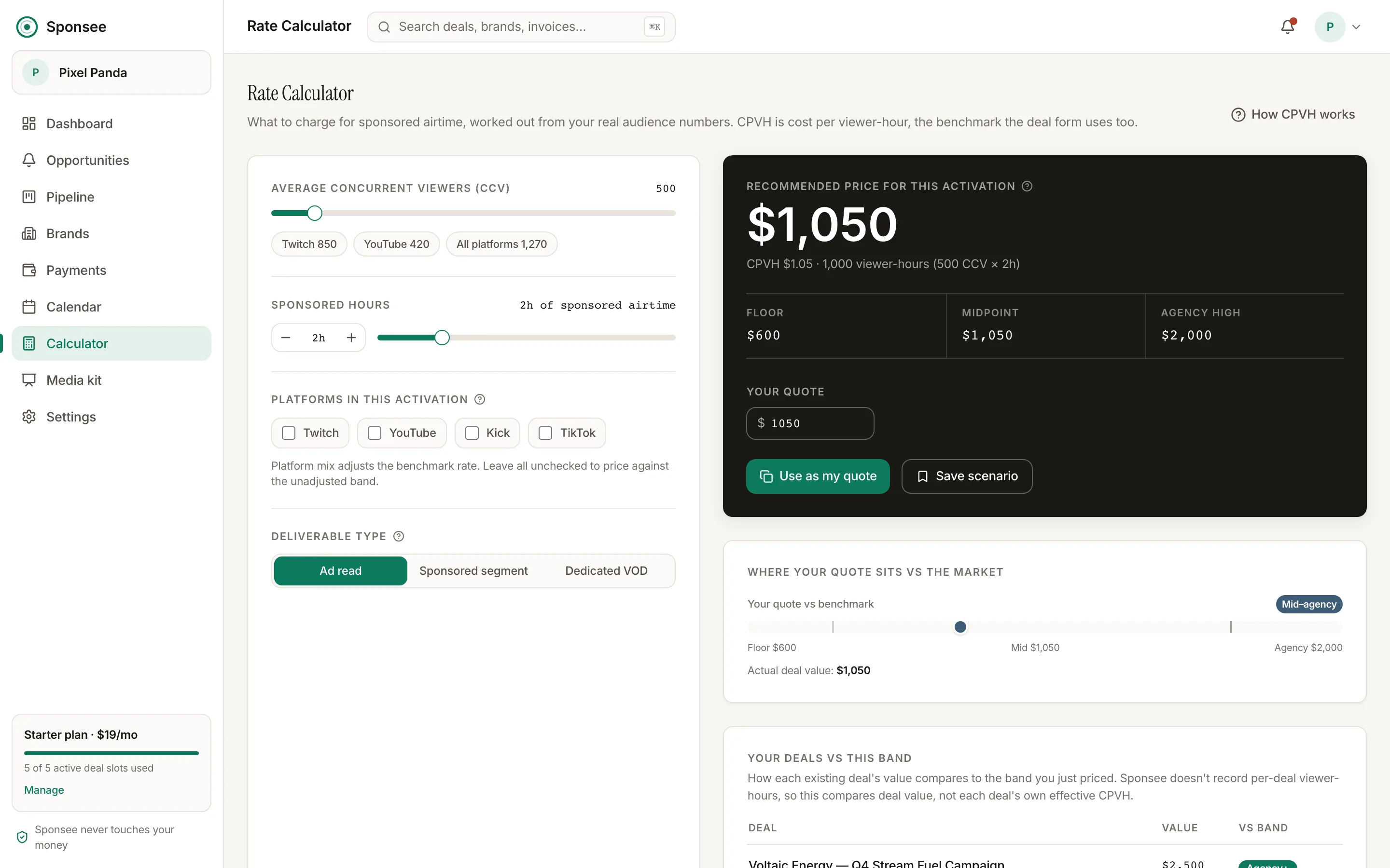 Sponsee rate calculator with inputs for concurrent viewers and sponsored hours and a suggested quote range.