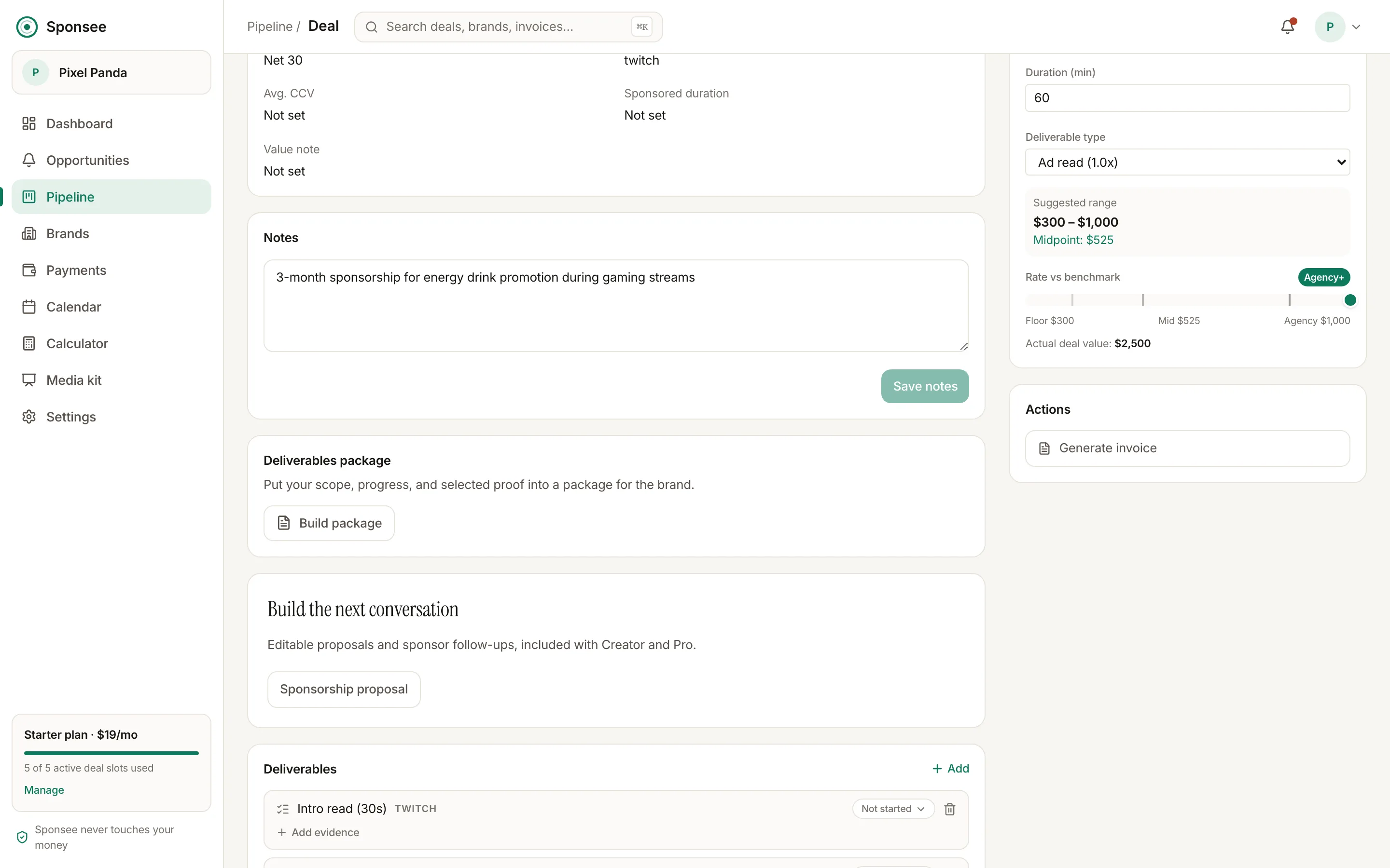 A sample Sponsee deal page showing saved deal notes, a deliverables package prompt, and a deliverables checklist item.