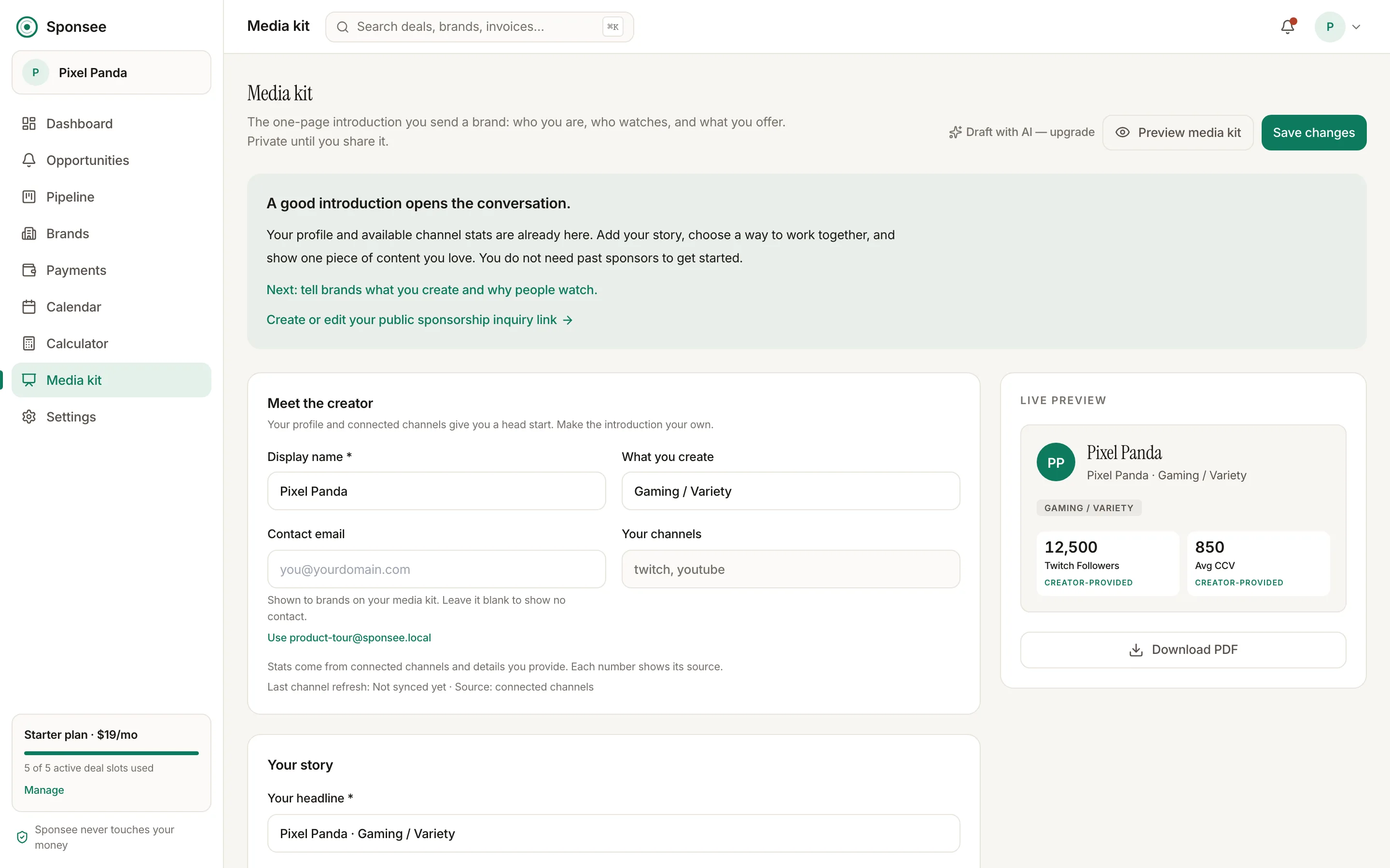 Sponsee media kit editor showing a sample creator's audience numbers and sponsorship offers.