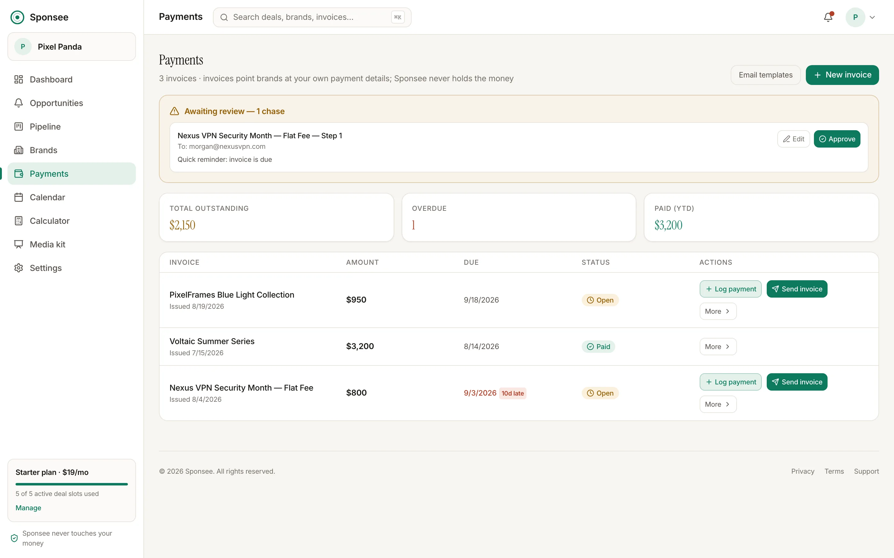 Sponsee payments page listing sample invoices with amounts, due dates, and status.